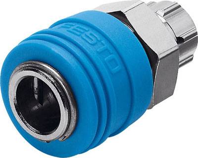 L'immagine mostra un raccordo rapido pneumatico blu utilizzato per sistemi ad aria compressa.