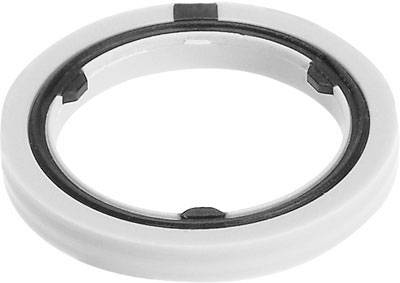 Un anello di tenuta in plastica bianca con una guarnizione interna in gomma nera. Utilizzato per sigillare connessioni meccaniche.