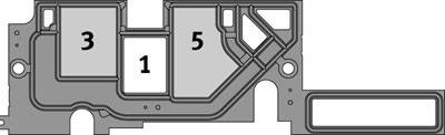 Diagramma di un layout con cinque aree numerate, con le aree 1 e 3 evidenziate a sinistra e l'area 5 evidenziata a destra.