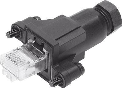 Connettore elettrico nero con spina RJ45 trasparente su un'estremità, utilizzato per connessioni di rete.