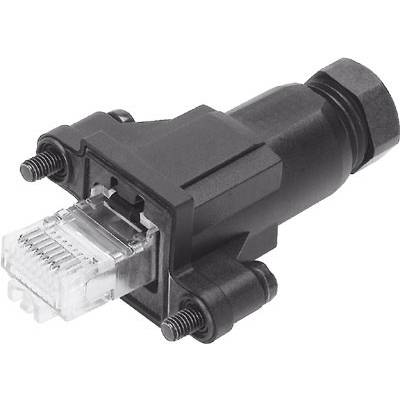 Connettore elettrico nero con spina RJ45 trasparente su un'estremità, utilizzato per connessioni di rete.