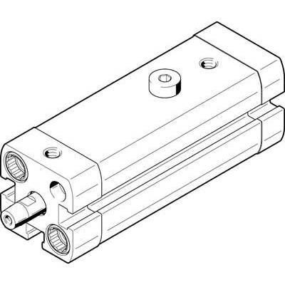 Disegno tecnico di un cilindro pneumatico con attacchi e punti di fissaggio.