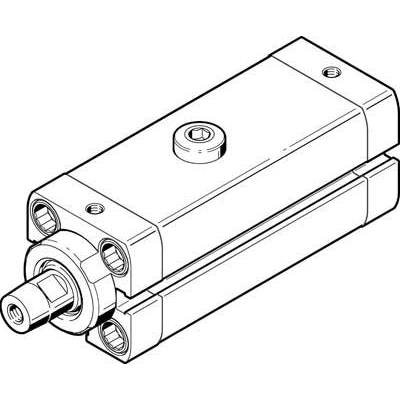 Cilindro pneumatico: Sezione trasversale in disegno tecnico, mostra un alloggiamento rettangolare con stelo del pistone e fori di connessione.