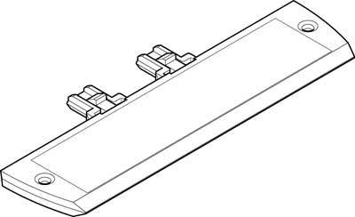 Disegno tecnico di un componente rettangolare con elementi di fissaggio su un lato e fori di foratura agli angoli.