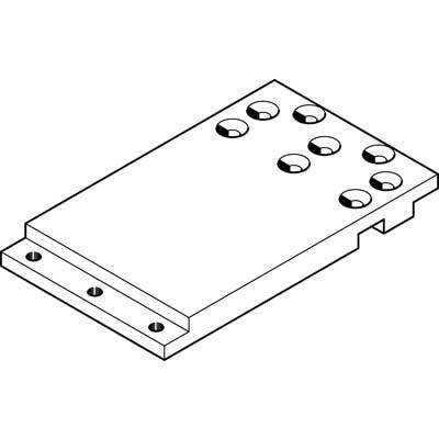 Disegno tecnico di un componente metallico rettangolare con diversi fori distribuiti uniformemente.