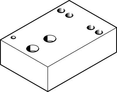 Disegno isometrico di un blocco rettangolare con angoli arrotondati. Quattro fori sulla superficie superiore, due grandi e due piccoli.