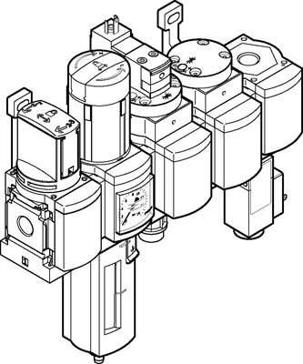 Disegno tecnico di un'unità pneumatica con più valvole e componenti, che mostra la disposizione e il collegamento dei componenti.