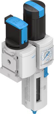 Un regolatore di filtro pneumatico con manometro di pressione e cappuccio blu in plastica, utilizzato per la regolazione e la filtrazione di sistemi ad aria compressa.
