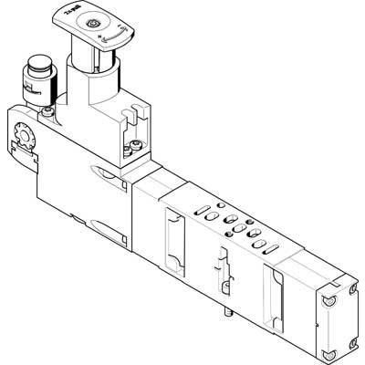 Disegno tecnico di una valvola elettrica con etichetta in alto a sinistra. Rappresentazione dettagliata dei componenti e dei raccordi della valvola.