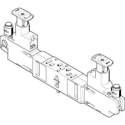 Disegno tecnico di un blocco valvole pneumatico con molteplici attacchi e leve per il controllo dei flussi di aria compressa.