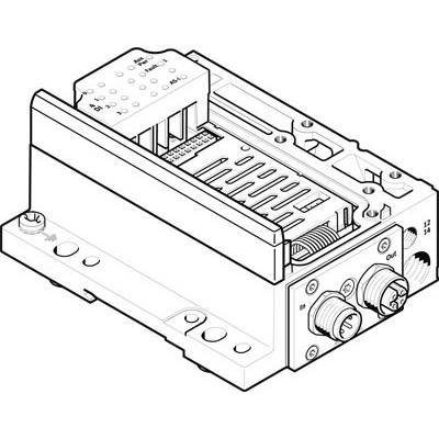 Disegno tecnico di un dispositivo elettronico con connettori di ingresso e uscita, display di controllo e piastra di montaggio.