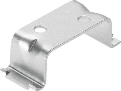 Morsetto metallico con due fori e design curvato. Utilizzato per fissare o montare su superfici.