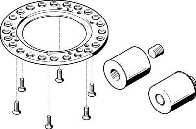 Diagramma esploso di un componente tecnico con un anello, diverse viti e componenti cilindriche.