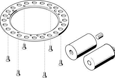 Disegno di un set di connessione a flangia, composto da una flangia circolare con fori, diversi bulloni e due distanziali cilindrici.