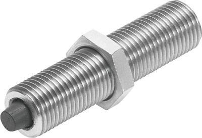 Un sensore cilindrico metallico con filettatura e dado quadrato, allineato per l'installazione successiva in applicazioni meccaniche.