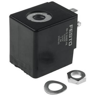 Un elettromagnete rettangolare nero di Festo con attacco argentato in alto. Accanto ci sono una rondella e un dado.