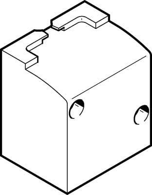Disegno isometrico di un componente rettangolare con due fori circolari sul lato e un incavo a forma di T nella parte superiore.