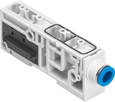 Un involucro bianco in plastica con connettore blu e componenti elettroniche integrate, progettato per applicazioni tecniche.
