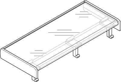 Diagramma di un lucernario in vetro allungato con supporti metallici sottostanti.