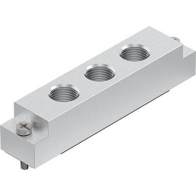 Blocco metallico con tre fori filettati sulla superficie superiore.