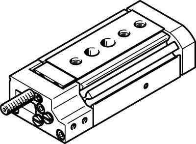 Un diagramma tecnico di un carrello di guida lineare, mostrato in una vista dettagliata con diversi punti di fissaggio.