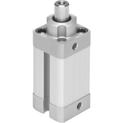 Cilindro pneumatico in argento con alloggiamento rettangolare e stelo circolare, componente tecnica per ingegneria meccanica.