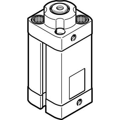 Un disegno tecnico di un cilindro idraulico con raccordi e punti di fissaggio visibili.