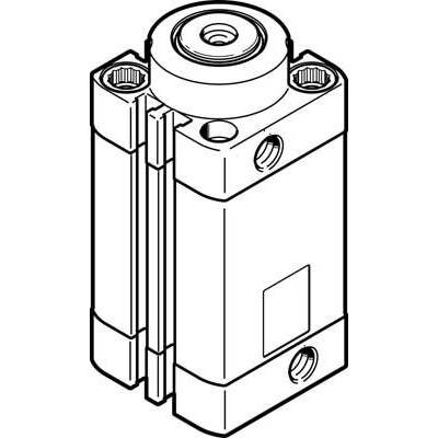 Disegno tecnico di un cilindro idraulico o pneumatico di forma rettangolare con più fori filettati e un pistone.
