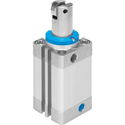 Un attuatore rotativo pneumatico in argento di metallo con accenti blu, di forma cilindrica, adatto per applicazioni industriali.