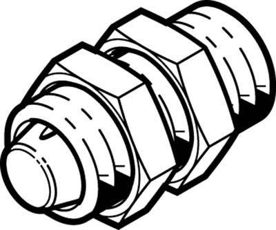 Disegno tecnico di un raccordo filettato, composto da una filettatura, due dadi esagonali e un raccordo cilindrico.