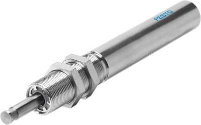Un sensore pneumatico cilindrico con involucro metallico e marcatura blu del produttore Festo.
