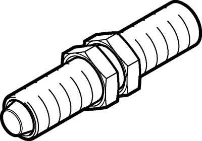 Disegno in bianco e nero di un connettore cilindrico con estremità scanalate e parte centrale esagonale, idoneo per tubi.