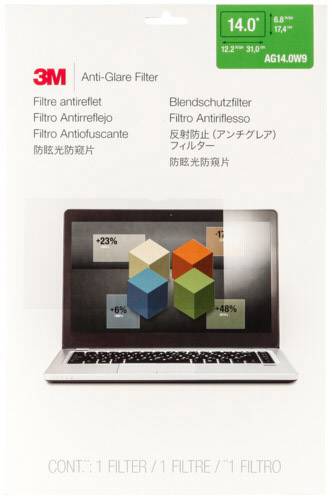 La confezione del '3M Anti-Glare Filter' mostra un laptop con un filtro. Sul display è presente un diagramma con blocchi 3D colorati e percentuali.