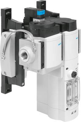 Un'unità pneumatica bianca con elementi neri e blu, utilizzata nella tecnica di automazione per il controllo delle valvole.