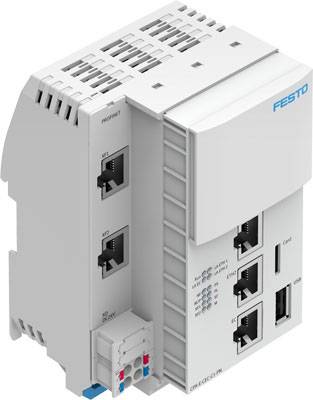 Un modulo di comunicazione industriale Festo con multiple porte Ethernet e ProfiNet per sistemi di automazione.