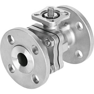 Valvola a sfera metallica con flange, idonea per sistemi di tubazioni in applicazioni industriali. Dotata di sfera centrale per il flusso.