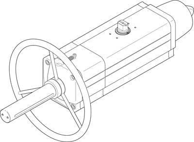 Disegno tecnico di un azionamento rotativo idraulico con ruota di montaggio a sinistra ed elementi di controllo in alto.