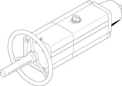 Disegno tecnico di un servomotore cilindrico con ruota, dove sono visibili la carcassa, l'albero e i dettagli di un coperchio superiore.