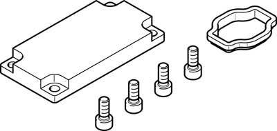 Disegno tecnico di un dispositivo rettangolare con angoli arrotondati, quattro viti e un coperchio separato e corrispondente.