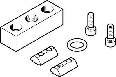 Disegno tecnico di un kit di montaggio composto da un blocco rettangolare, due viti, una rondella e due morsetti.