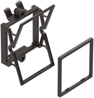 Cornice nera in plastica per dispositivi con copertura frontale rimovibile, che mostra i componenti di montaggio.