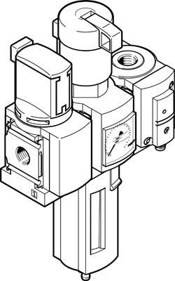 Disegno di un filtro pneumatico con regolatore di pressione e manometro, che mostra i vari componenti per il monitoraggio e la regolazione della pressione.