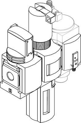 Diagramma tecnico di un modulo macchina complesso con componenti cilindriche e rettangolari che suggerisce un utilizzo industriale.