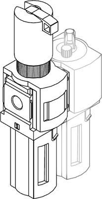 Rappresentazione di un disegno tecnico di un filtro per aria compressa con manometro e regolatore utilizzato in un sistema pneumatico.