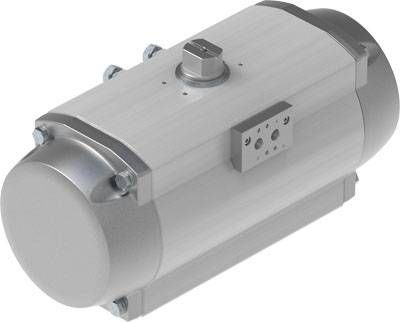 Attuatore pneumatico di forma cilindrica con involucro metallico e diversi bulloni, utilizzato per il controllo delle valvole in impianti industriali.