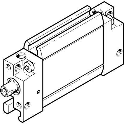 Disegno tecnico di un cilindro pneumatico con alloggiamento rettangolare, due punti di fissaggio e un'uscita dell'asta del pistone.