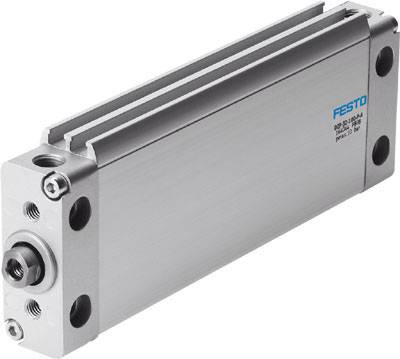 Un cilindro pneumatico in metallo con il logo 'FESTO' sul lato, che mostra diversi fori di connessione. Utilizzato per l'automazione industriale.