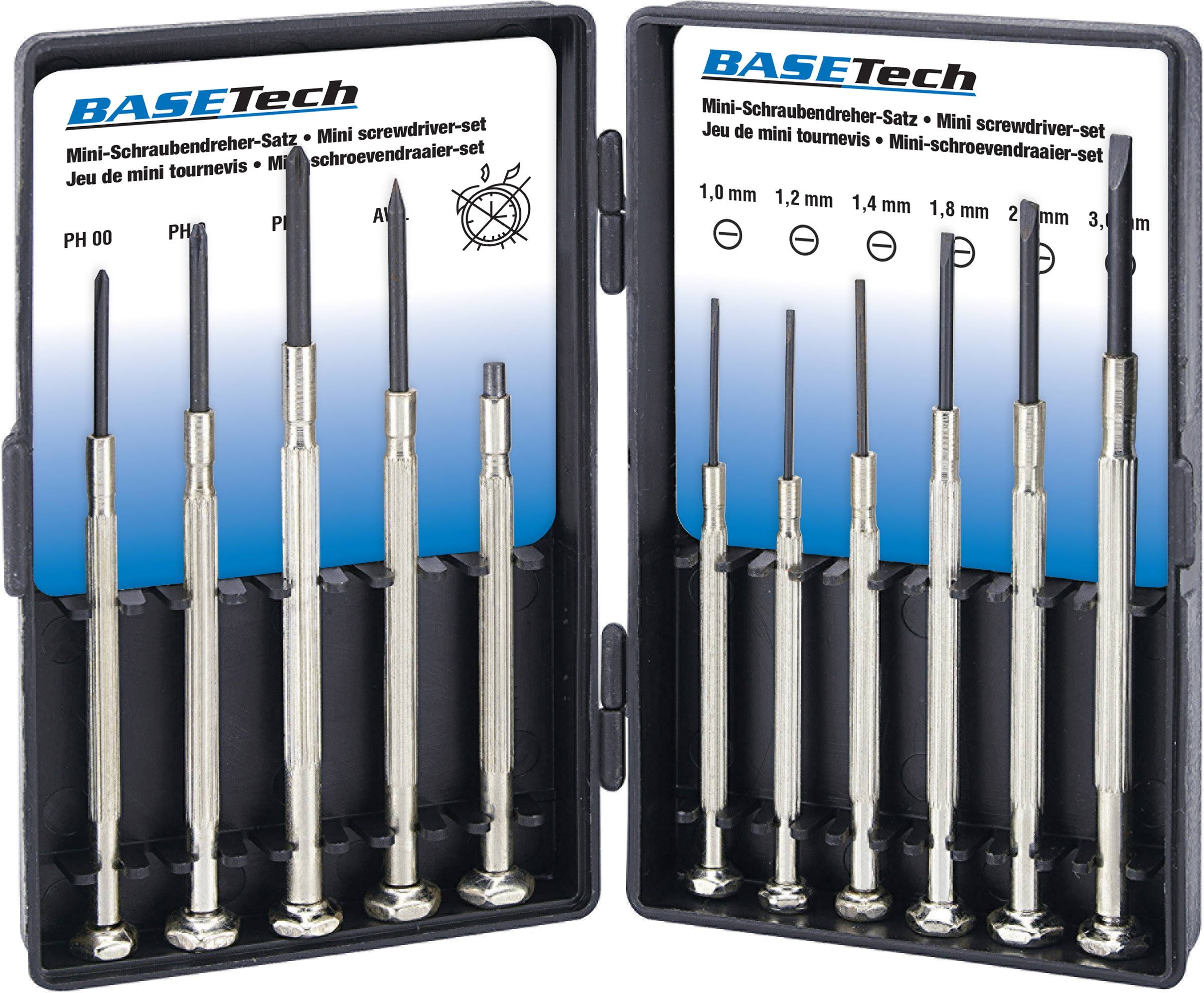 Astuccio aperto con otto cacciaviti di precisione, ordinati per dimensione e tipo. Include cacciaviti a taglio e a croce.
