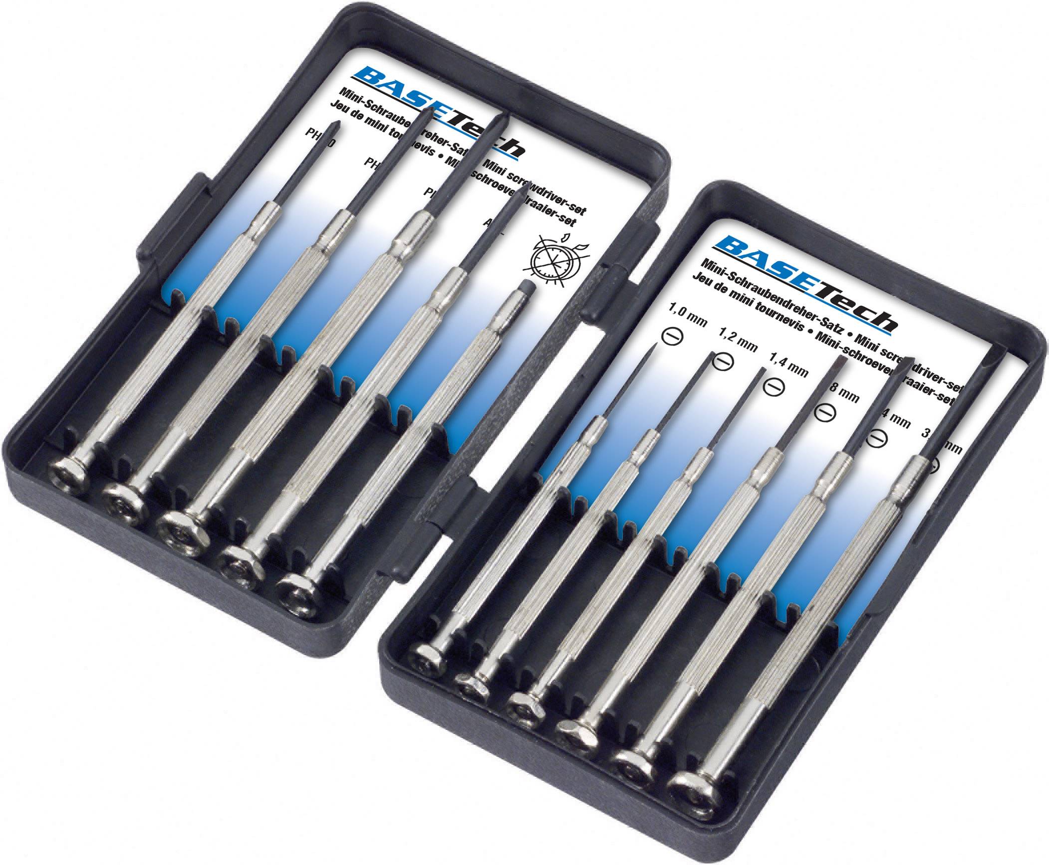 'Set di cacciaviti mini di Basetech', due scatole aperte con nove cacciaviti di precisione in diverse dimensioni.
