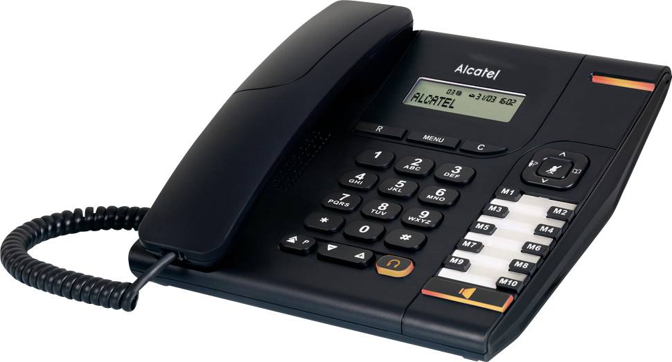 Un telefono da ufficio nero con schermo di visualizzazione che mostra 'ALCATEL'. Presenta un tastierino numerico e diversi tasti funzione.